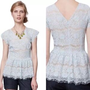 🟢 Anthropologie Maeve Woman's Blue Blouse Katrina Lace Peplum Top Lined Size S
